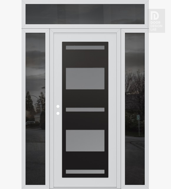 Modern Steel Front Door Diamond C10 60" x 96" white/white frosted Glass Panel black RHI with 2 Sidelites and Transom mirrored Glass