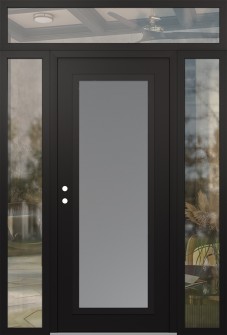 Diamond C1 68" x 96" black/white frosted Glass Panel black RHI with 2 Sidelites and Transom clear Glass