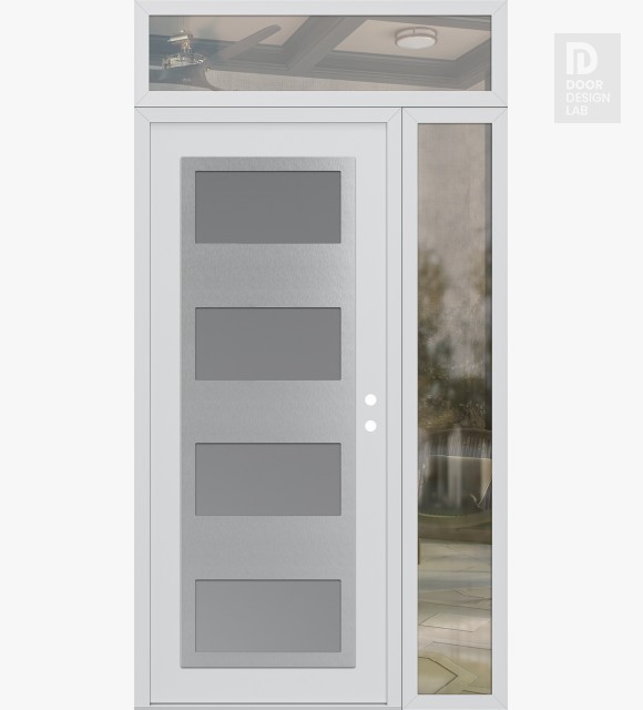 Modern Steel Front Door Diamond C2 52" x 96" white/white frosted Glass Panel stainless steel LHI with Sidelite and Transom clear Glass
