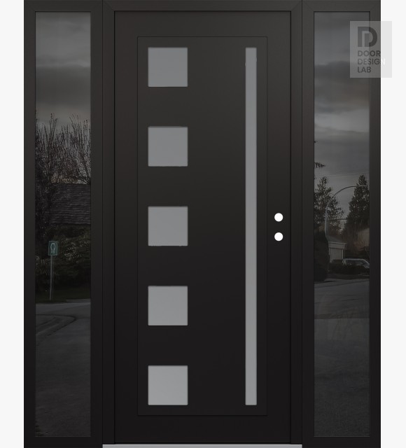 Modern Steel Front Door Diamond C3 68" x 80" black/white frosted Glass Panel black LHI with 2 Sidelites mirrored Glass