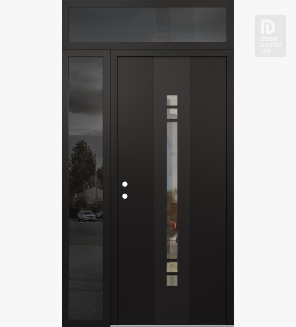Modern Steel Front Door DIAMOND A4 48" X 96" BLACK/BLACK CLEAR GLASS PANEL BLACK RHI WITH SIDELITE AND TRANSOM MIRRORED GLASS