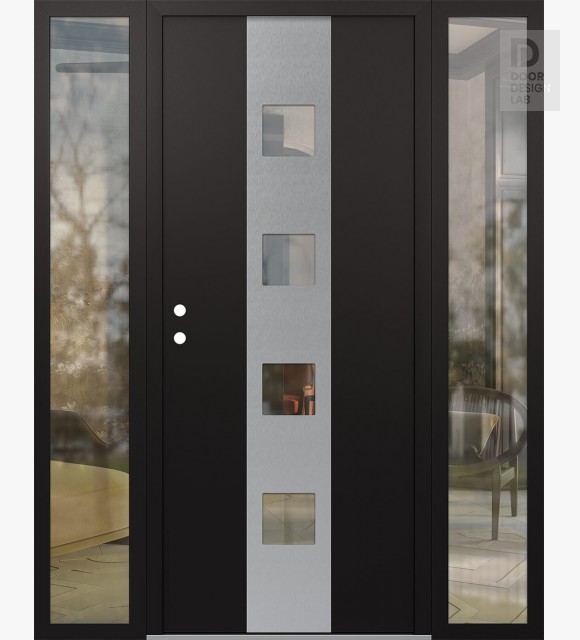 Modern Steel Front Door DIAMOND A12 68" X 80" BLACK/BLACK CLEAR GLASS PANEL STAINLESS STEEL RHI WITH 2 SIDELITES CLEAR GLASS