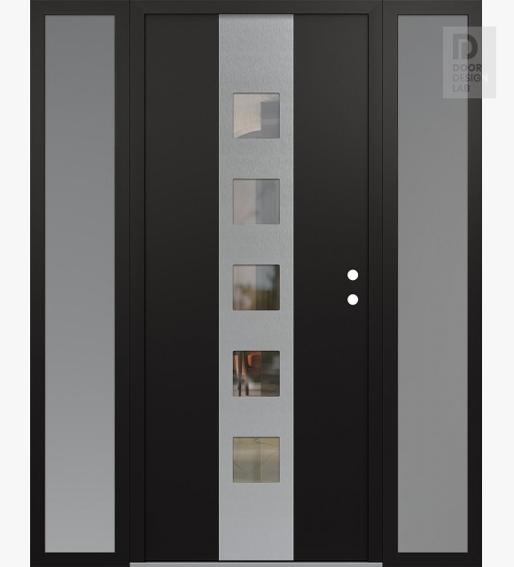 Modern Steel Front Door DIAMOND A13 64" X 80" BLACK/BLACK CLEAR GLASS PANEL STAINLESS STEEL LHI WITH 2 SIDELITES FROSTED GLASS