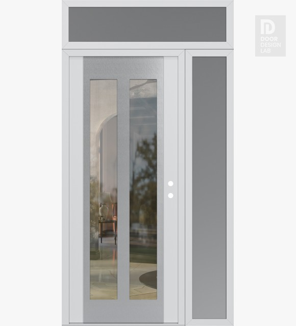 Modern Steel Front Door Diamond C14 52" x 96" white/white clear Glass Panel stainless steel LHI with Sidelite and Transom frosted Glass