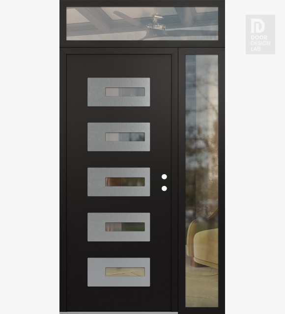 Modern Steel Front Door Diamond D6 52" x 96" black/black clear Glass Panel stainless steel LHI with Sidelite and Transom clear Glass