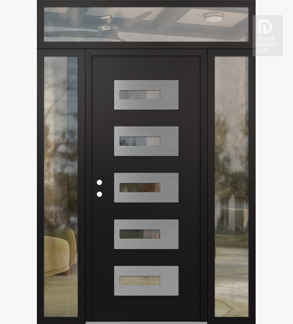 Modern Steel Front Door Diamond D6 64" x 96" black/black clear Glass Panel stainless steel RHI with 2 Sidelites and Transom clear Glass