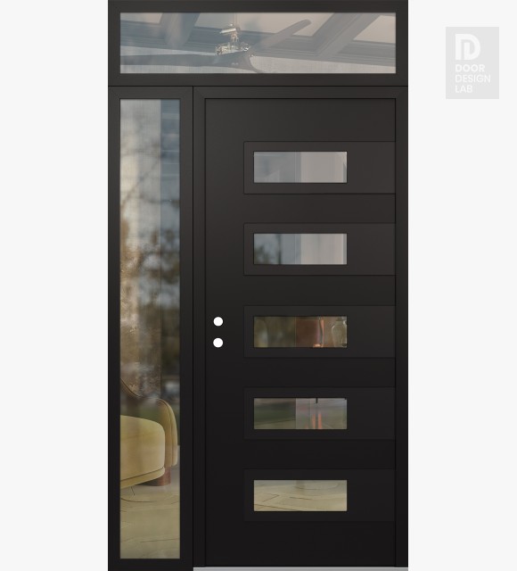 Modern Steel Front Door Diamond D3 52" x 96" black/black clear Glass Panel black RHI with Sidelite and Transom clear Glass