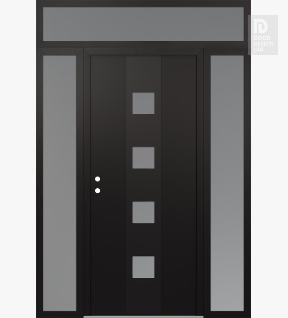 Modern Steel Front Door DIAMOND A12 60" X 96" BLACK/WHITE FROSTED GLASS PANEL BLACK RHI WITH 2 SIDELITES AND TRANSOM FROSTED GLASS