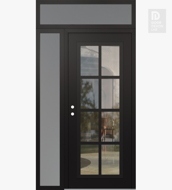 Modern Steel Front Door Diamond C16 50" x 96" black/black clear Glass Panel black RHI with Sidelite and Transom frosted Glass