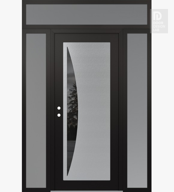 Modern Steel Front Door Diamond C13 68" x 96" black/black mirrored Glass Panel stainless steel RHI with 2 Sidelites and Transom frosted Glass