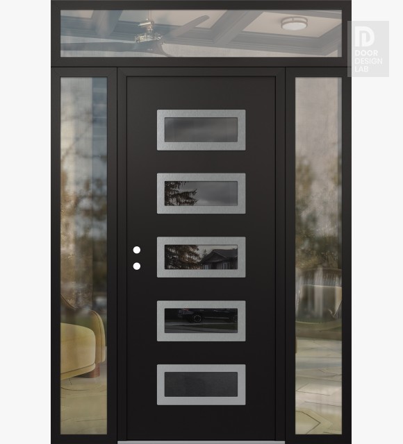 Modern Steel Front Door Diamond D1 64" x 96" black/black mirrored Glass Panel stainless steel RHI with 2 Sidelites and Transom clear Glass