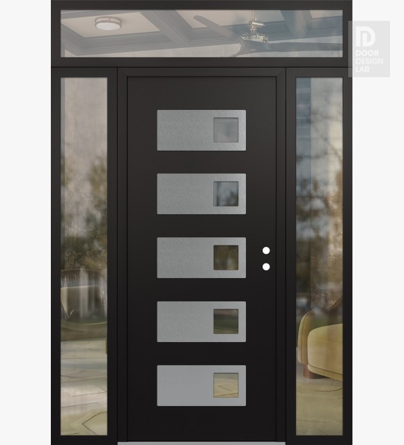 Modern Steel Front Door Diamond D2 64" x 96" black/black clear Glass Panel stainless steel LHI with 2 Sidelites and Transom clear Glass