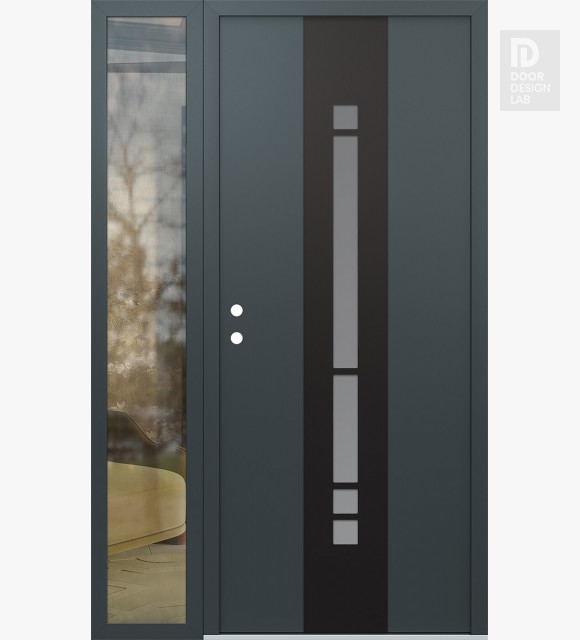 Modern Steel Front Door DIAMOND A3 50" X 80" ANTHRACITE/ANTHRACITE FROSTED GLASS PANEL BLACK RHI WITH SIDELITE CLEAR GLASS