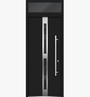 36 x 96 Front Exterior Prehung Steel Door / Deux 1755 Black Enamel / Top Exterior Window / Stainless Inserts Single Modern Painted-Left-hand Inswing