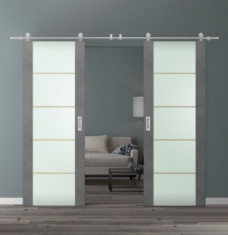 DOUBLE BARN DOOR AVON 202 4H GOLD STRIPS VETRO DARK URBAN 48" X 80" X 1 3/4" STAINLESS STEEL HARDWARE