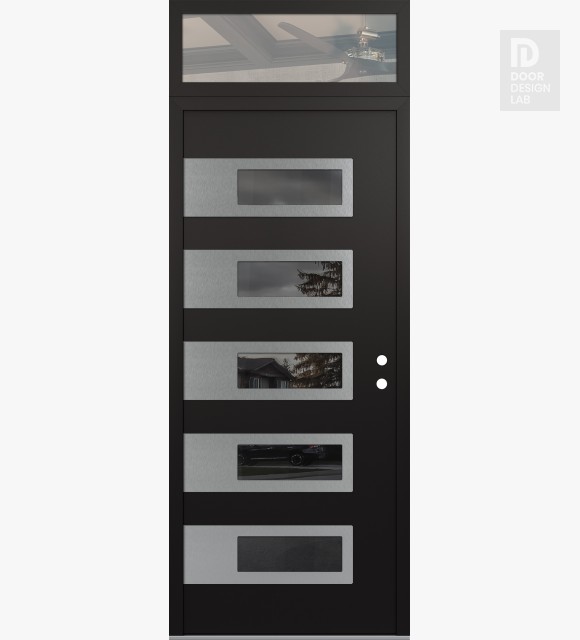 Modern Steel Front Door Diamond D3 36" x 96" black/black mirrored Glass Panel stainless steel LHI with Transom clear Glass