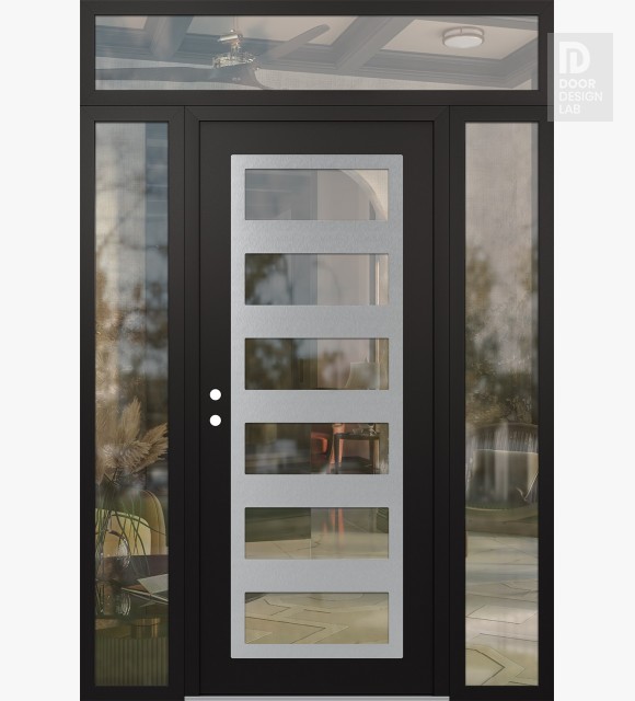 Modern Steel Front Door Diamond C9 60" x 96" black/black clear Glass Panel stainless steel RHI with 2 Sidelites and Transom clear Glass