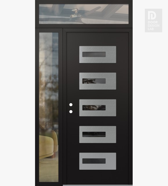 Modern Steel Front Door Diamond D6 48" x 96" black/black mirrored Glass Panel stainless steel RHI with Sidelite and Transom clear Glass