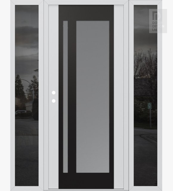 Modern Steel Front Door Diamond C15 60" x 80" white/white frosted Glass Panel black RHI with 2 Sidelites mirrored Glass