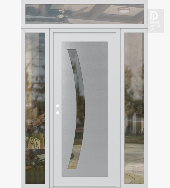 Modern Steel Front Door Diamond C4 68" x 96" white/white clear Glass Panel stainless steel RHI with 2 Sidelites and Transom clear Glass
