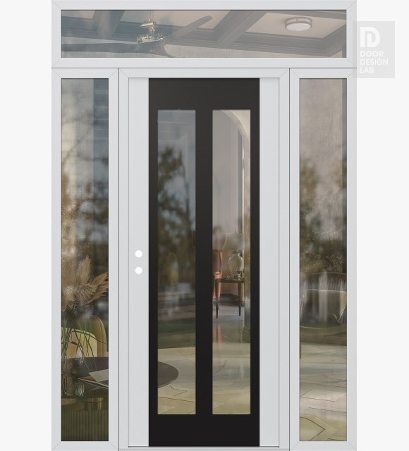 Modern Steel Front Door Diamond C14 60" x 96" white/white clear Glass Panel black RHI with 2 Sidelites and Transom clear Glass