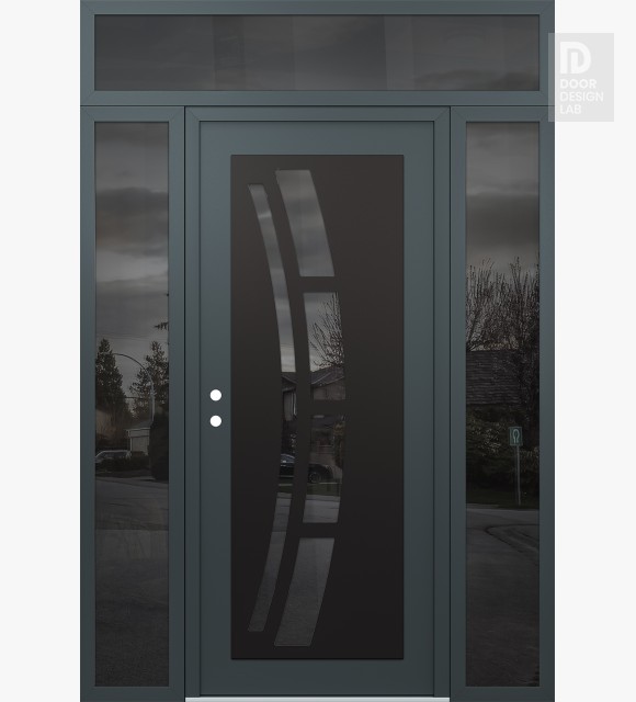 Modern Steel Front Door Diamond C12 60" x 96" anthracite/anthracite mirrored Glass Panel black RHI with 2 Sidelites and Transom mirrored Glass