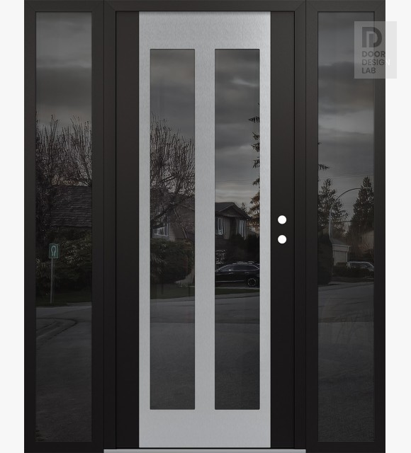 Modern Steel Front Door Diamond C14 68" x 80" black/black mirrored Glass Panel stainless steel LHI with 2 Sidelites mirrored Glass