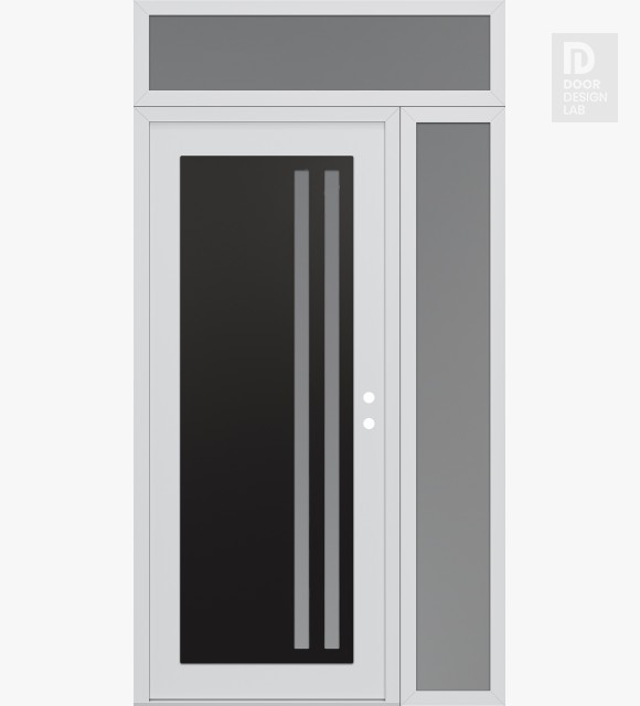 Modern Steel Front Door Diamond C6 48" x 96" white/white frosted Glass Panel black LHI with Sidelite and Transom frosted Glass