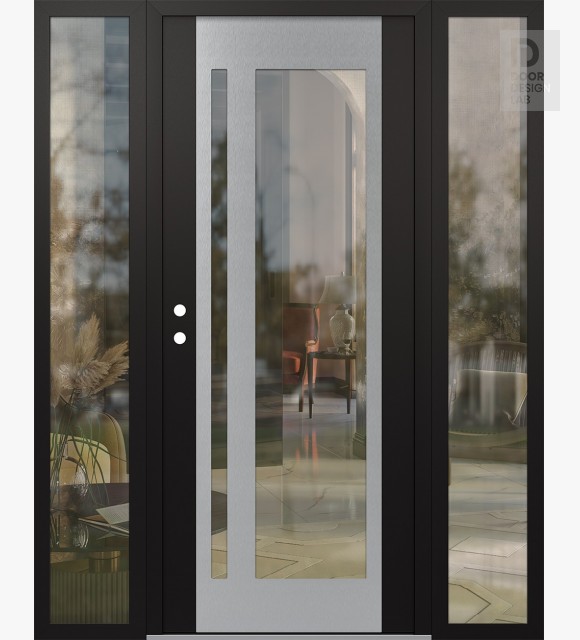 Modern Steel Front Door Diamond C15 60" x 80" black/black clear Glass Panel stainless steel RHI with 2 Sidelites clear Glass