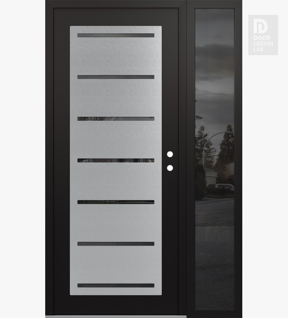 Modern Steel Front Door Diamond C11 52" x 80" black/black mirrored Glass Panel stainless steel LHI with Sidelite mirrored Glass
