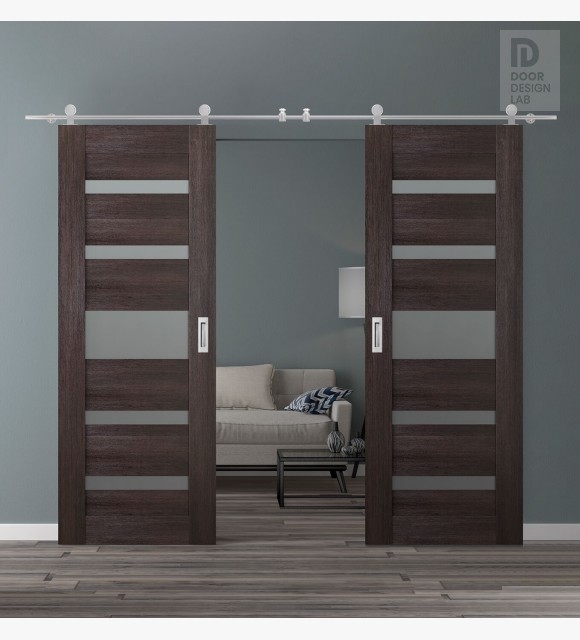 DOUBLE BARN DOOR AVON 07-05 VETRO VERALINGA OAK 64" X 80" X 1 3/4" STAINLESS STEEL HARDWARE