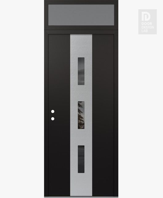 Modern Steel Front Door DIAMOND A7 36" X 96" BLACK/BLACK MIRRORED GLASS PANEL STAINLESS STEEL RHI WITH TRANSOM FROSTED GLASS