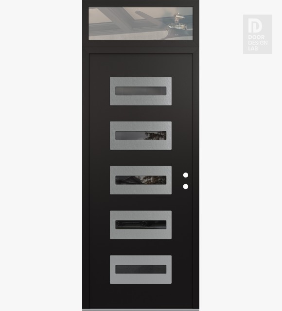 Modern Steel Front Door Diamond D4 36" x 96" black/black mirrored Glass Panel stainless steel LHI with Transom clear Glass