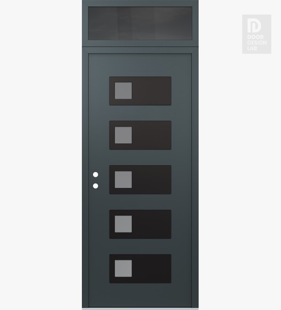 Modern Steel Front Door Diamond D2 36" x 96" anthracite/anthracite frosted Glass Panel black RHI with Transom mirrored Glass