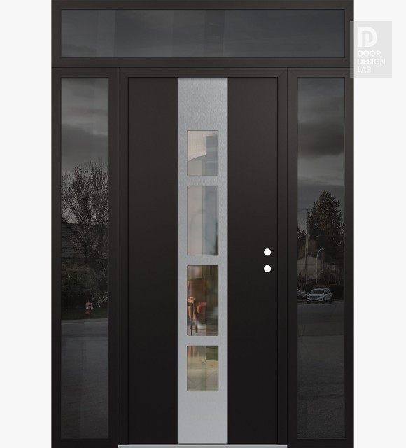Modern Steel Front Door DIAMOND A10 64" X 96" BLACK/BLACK CLEAR GLASS PANEL STAINLESS STEEL LHI WITH 2 SIDELITES AND TRANSOM MIRRORED GLASS