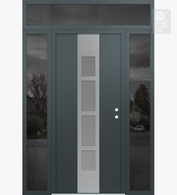 Modern Steel Front Door DIAMOND A10 64" X 96" ANTHRACITE/ANTHRACITE FROSTED GLASS PANEL STAINLESS STEEL LHI WITH 2 SIDELITES AND TRANSOM MIRRORED GLASS