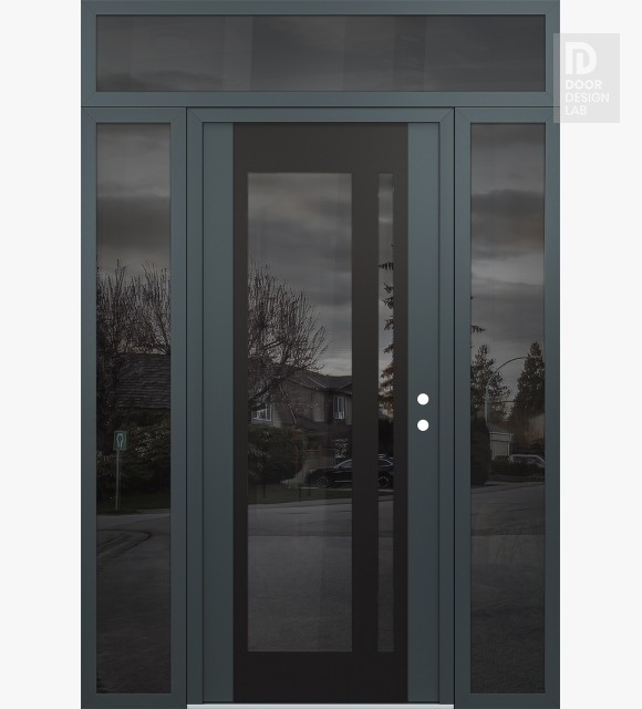 Modern Steel Front Door Diamond C15 64" x 96" anthracite/anthracite mirrored Glass Panel black LHI with 2 Sidelites and Transom mirrored Glass
