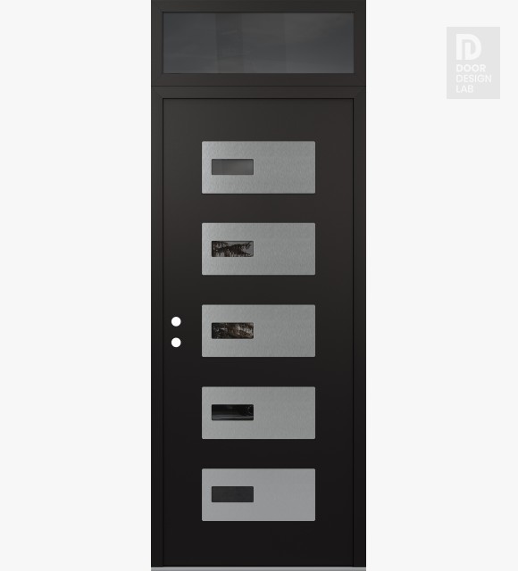 Modern Steel Front Door Diamond D7 36" x 96" black/black mirrored Glass Panel stainless steel RHI with Transom mirrored Glass