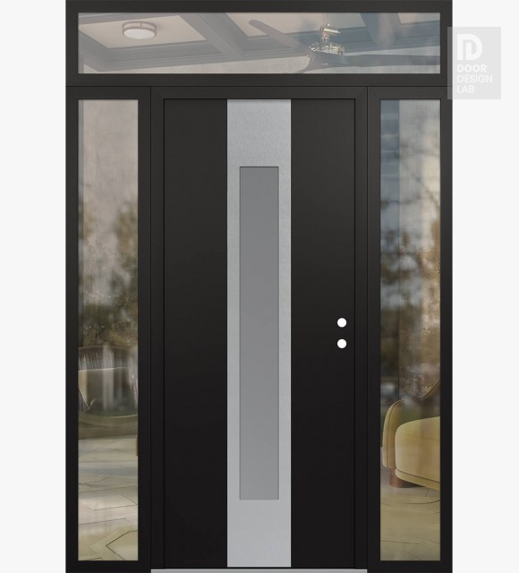 Modern Steel Front Door DIAMOND A1 60" X 96" BLACK/WHITE FROSTED GLASS PANEL STAINLESS STEEL LHI WITH 2 SIDELITES AND TRANSOM CLEAR GLASS