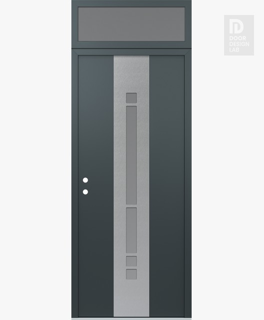 Modern Steel Front Door DIAMOND A3 36" X 96" ANTHRACITE/ANTHRACITE FROSTED GLASS PANEL STAINLESS STEEL RHI WITH TRANSOM FROSTED GLASS