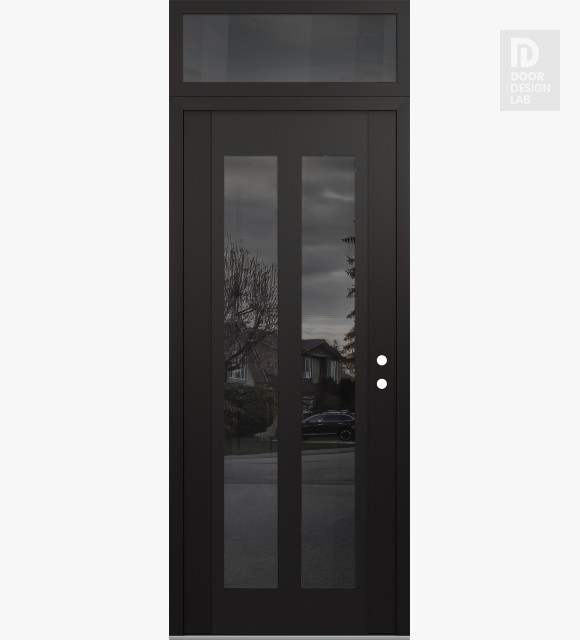 Modern Steel Front Door Diamond C14 36" x 96" black/black mirrored Glass Panel black LHI with Transom mirrored Glass