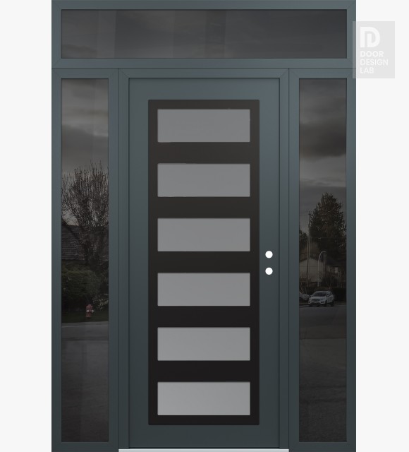 Modern Steel Front Door Diamond C9 68" x 96" anthracite/anthracite frosted Glass Panel black LHI with 2 Sidelites and Transom mirrored Glass