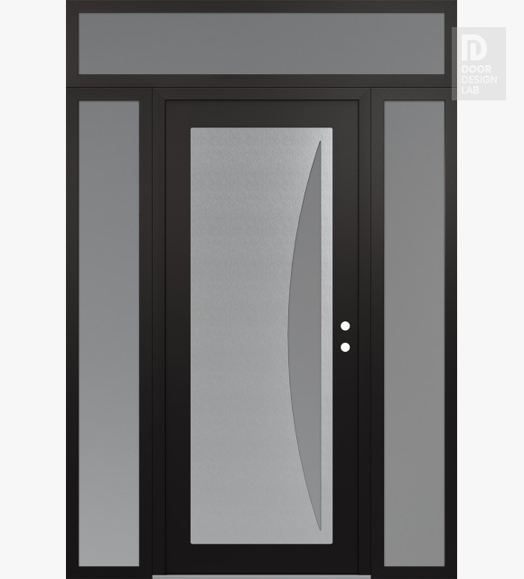 Modern Steel Front Door Diamond C13 68" x 96" black/white frosted Glass Panel stainless steel LHI with 2 Sidelites and Transom frosted Glass