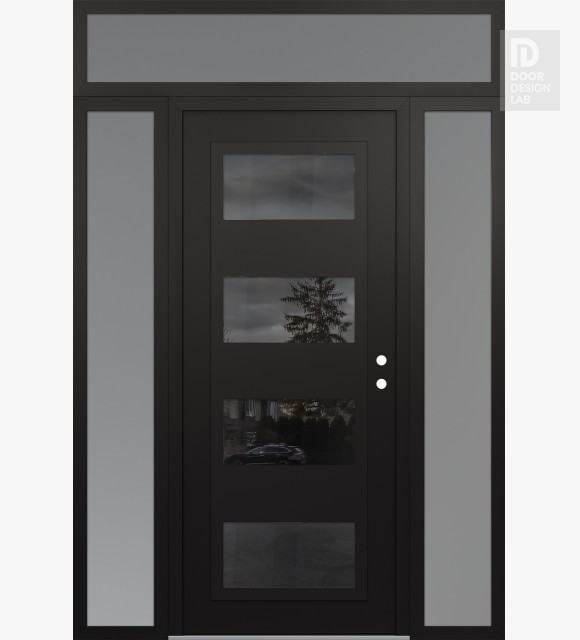 Modern Steel Front Door Diamond C2 64" x 96" black/black mirrored Glass Panel black LHI with 2 Sidelites and Transom frosted Glass