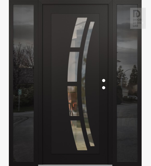 Modern Steel Front Door Diamond C12 68" x 80" black/black clear Glass Panel black LHI with 2 Sidelites mirrored Glass