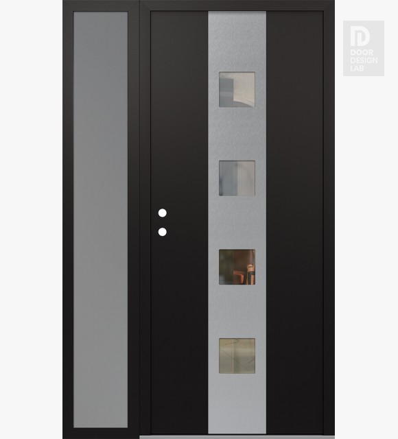 Modern Steel Front Door DIAMOND A12 52" X 80" BLACK/BLACK CLEAR GLASS PANEL STAINLESS STEEL RHI WITH SIDELITE FROSTED GLASS