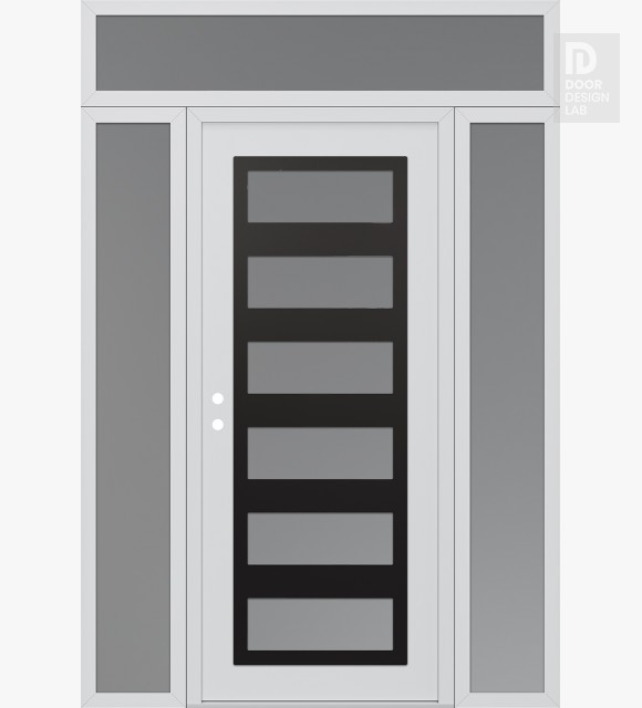 Modern Steel Front Door Diamond C9 64" x 96" white/white frosted Glass Panel black RHI with 2 Sidelites and Transom frosted Glass
