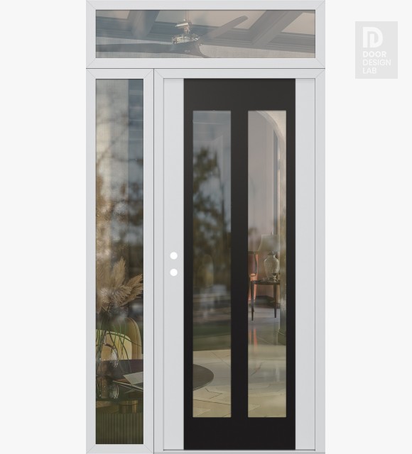 Modern Steel Front Door Diamond C14 50" x 96" white/white clear Glass Panel black RHI with Sidelite and Transom clear Glass