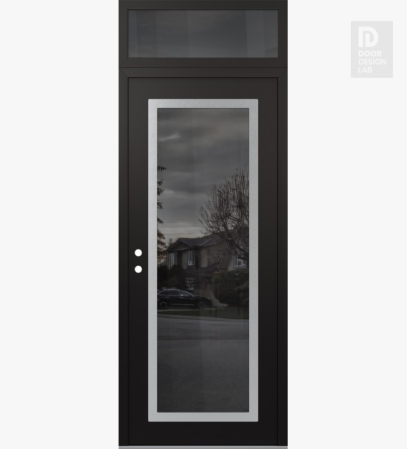 Modern Steel Front Door Diamond C1 36" x 96" black/black mirrored Glass Panel stainless steel RHI with Transom mirrored Glass