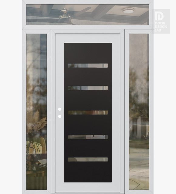 Modern Steel Front Door Diamond C7 68" x 96" white/white clear Glass Panel black RHI with 2 Sidelites and Transom clear Glass